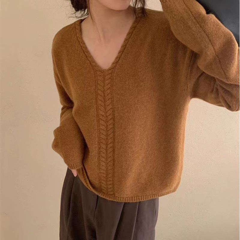 Women's V-neck Pullover Sweater Autumn and Winter New Loose Knit Sweater for Women