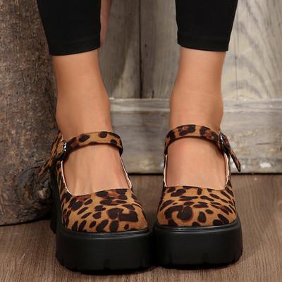 Туфли Мэри Джейн на очень высоком квадратном каблуке с круглым носком и пряжкой на ремешке, распродажа 2024, туфли-лодочки с неглубокой леопардовой расцветкой на весну/осень