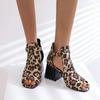Fashion Women Gladiator High Chunky Sandals Blue Denim Red Leopard Suede  Summer Party Lady Peep Toe Buckle T-strap Zipper Shoes