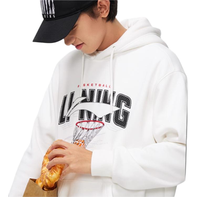 Li Ning Sports Fashion Collection Letter Print Casual Hooded Pullover Long Sleeved Fleece Lined Sweatshirt Men's Ivory AWDU969-2