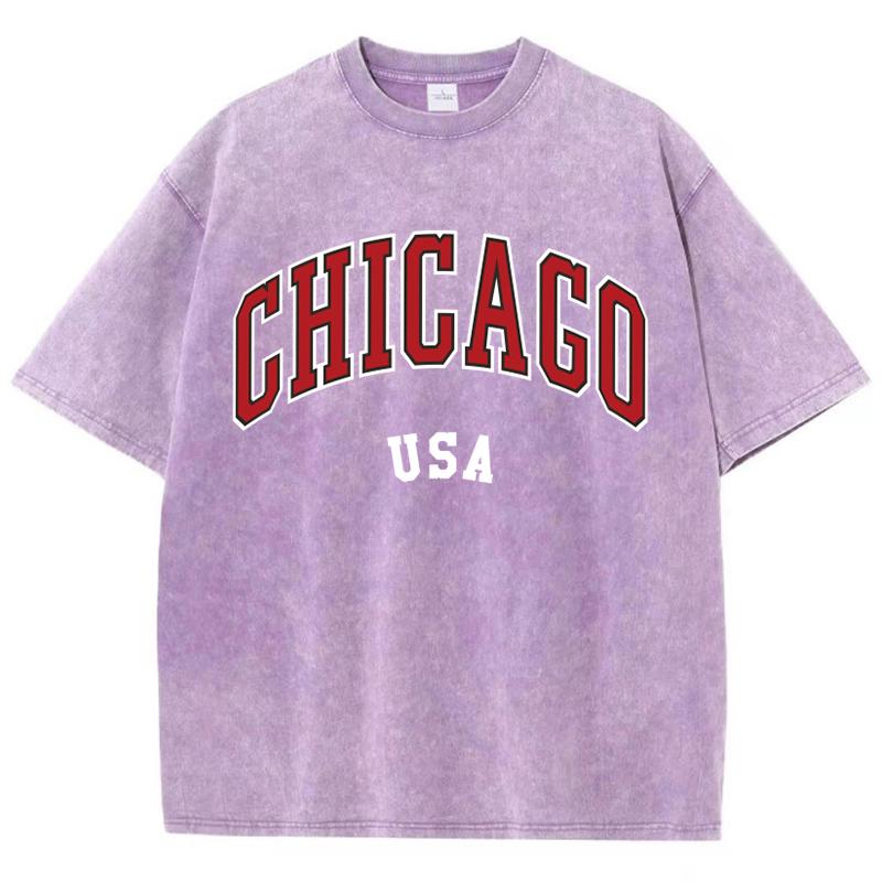 Women'S Cotton Washed T-Shirts All-Math Distressed Loose Tops Chicago Usa Printing Short Sleeve Summer Street Female Clothes