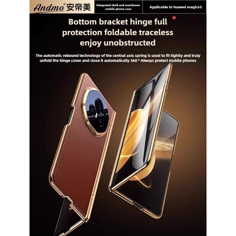 [Case and Film Integration] for Honor Magic V3 Case New Leather Center Axis Hinge All-inclusive Protective Belt Lens Holder Case