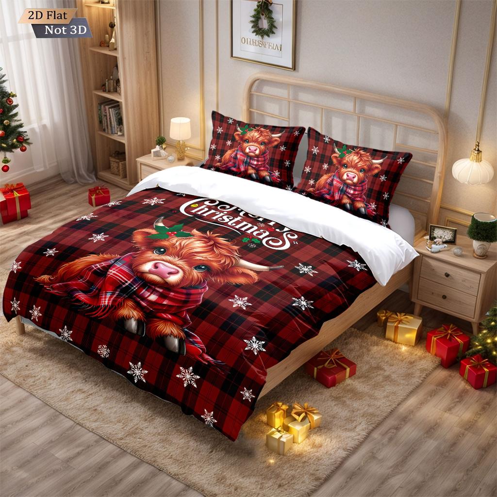 3pcs Christmas highland cattle print coreless quilt set multi size bedroom dormitory bedding decoration soft  machine washable