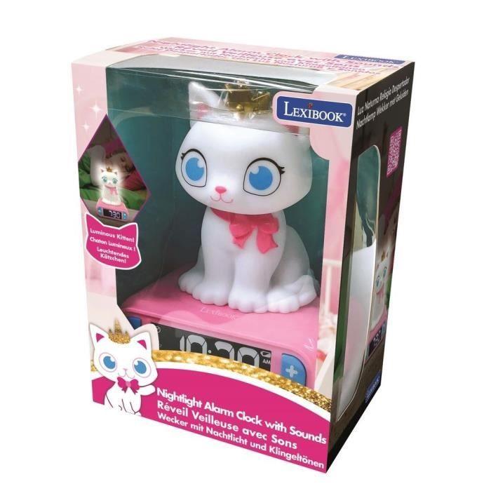 LEXIBOOK - Réveil veilleuse Chat - Sons et mélodies, écran LCD rétro-éclairé et lumineux - Blanc, Rose