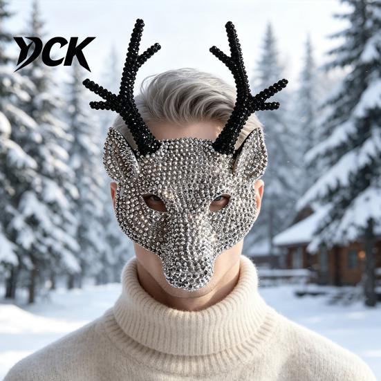 Rhinestone Deer Antler Masque Sparkly Masque, Horror Devil Elk Horns Full Luxury Diamond Party Face Shiny Halloween Costume for Masquerade Half Photo