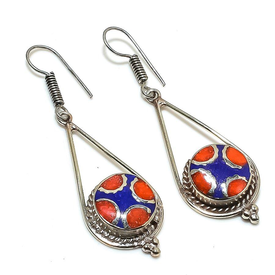 Lapis Lazuli, Coral Handmade Jewelry Earring 2.44" J0F59