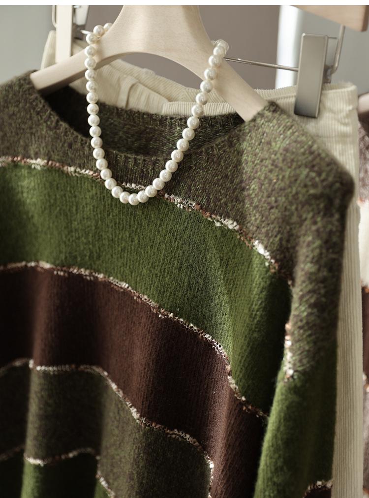 Matcha Chocolate Cashmere Wool Color Block Striped Knit Sweater - Women's Autumn Fashion