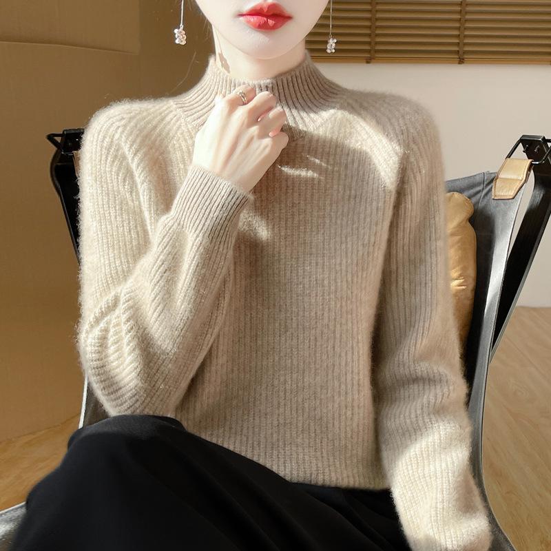 Women's Autumn/Winter 2024 Pure Wool Ribbed Knit Half-High Neck Loose Pullover Base Layer Top