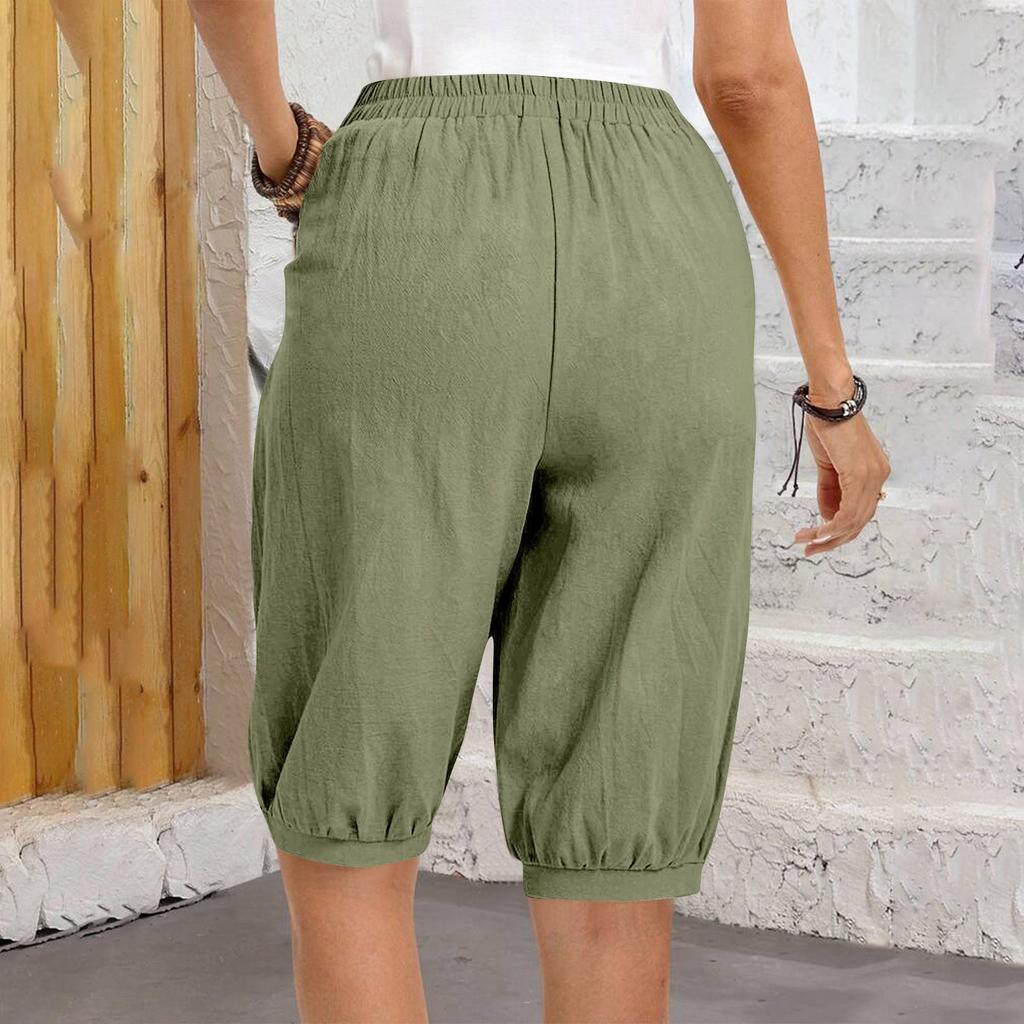 Женские модные однотонные повседневные брюки с завязками на талии и карманами длиной пять четвертей