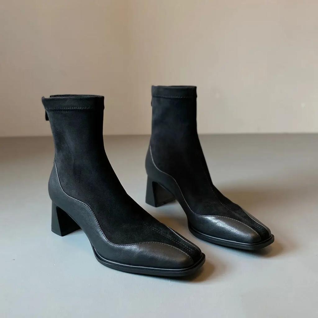 Женские тонкие ботильоны на высоком каблуке 2025 года, модные элегантные короткие ботильоны с квадратным носком, осенне-зимние женские туфли на высоком каблуке в уличном стиле