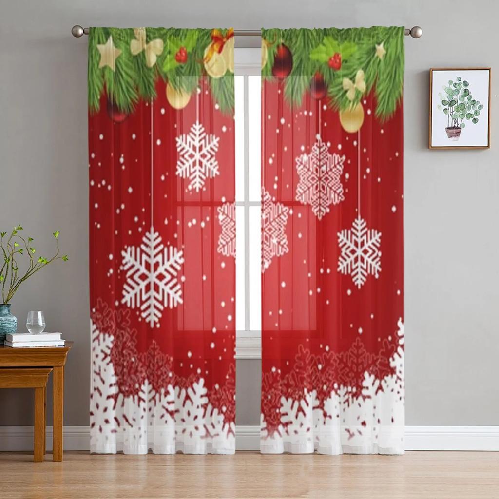 Рождественские сосновые иголки, снежинки, деревянная тюль-занавеска для гостиной, спальни, Рождественский декор, оконная вуаль, тюлевая занавеска