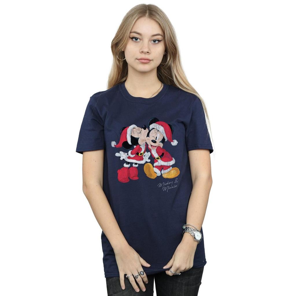 Disney Womens/Ladies Mickey And Minnie Christmas Kiss Cotton Boyfriend T-Shirt