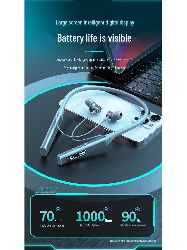 2025 In-Ear Bluetooth Neckband with Long Battery, Noise Cancelling, Waterproof, Heavy Bass for Running & E-Sports