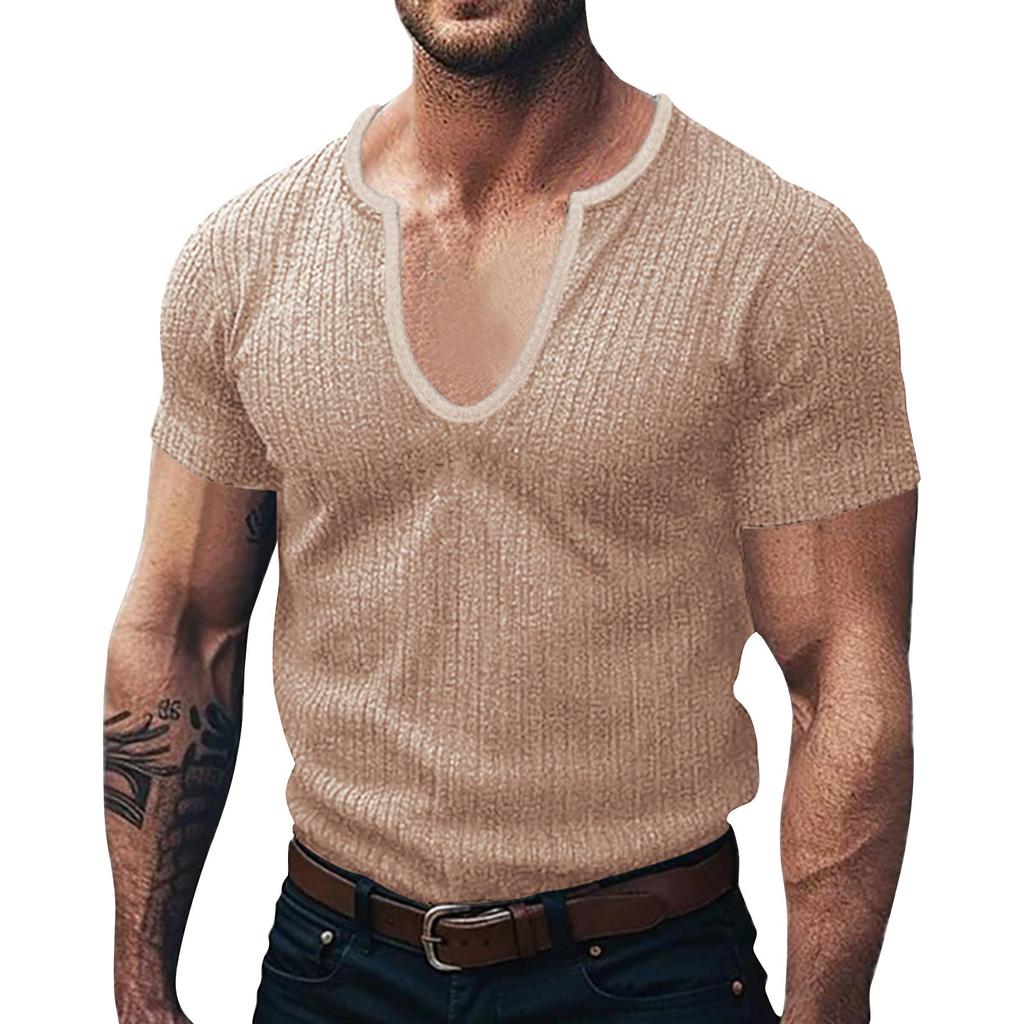 Men's Summer V-neck Striped Knitted Short-sleeved Tops Men's Casual Short-sleeved Tops