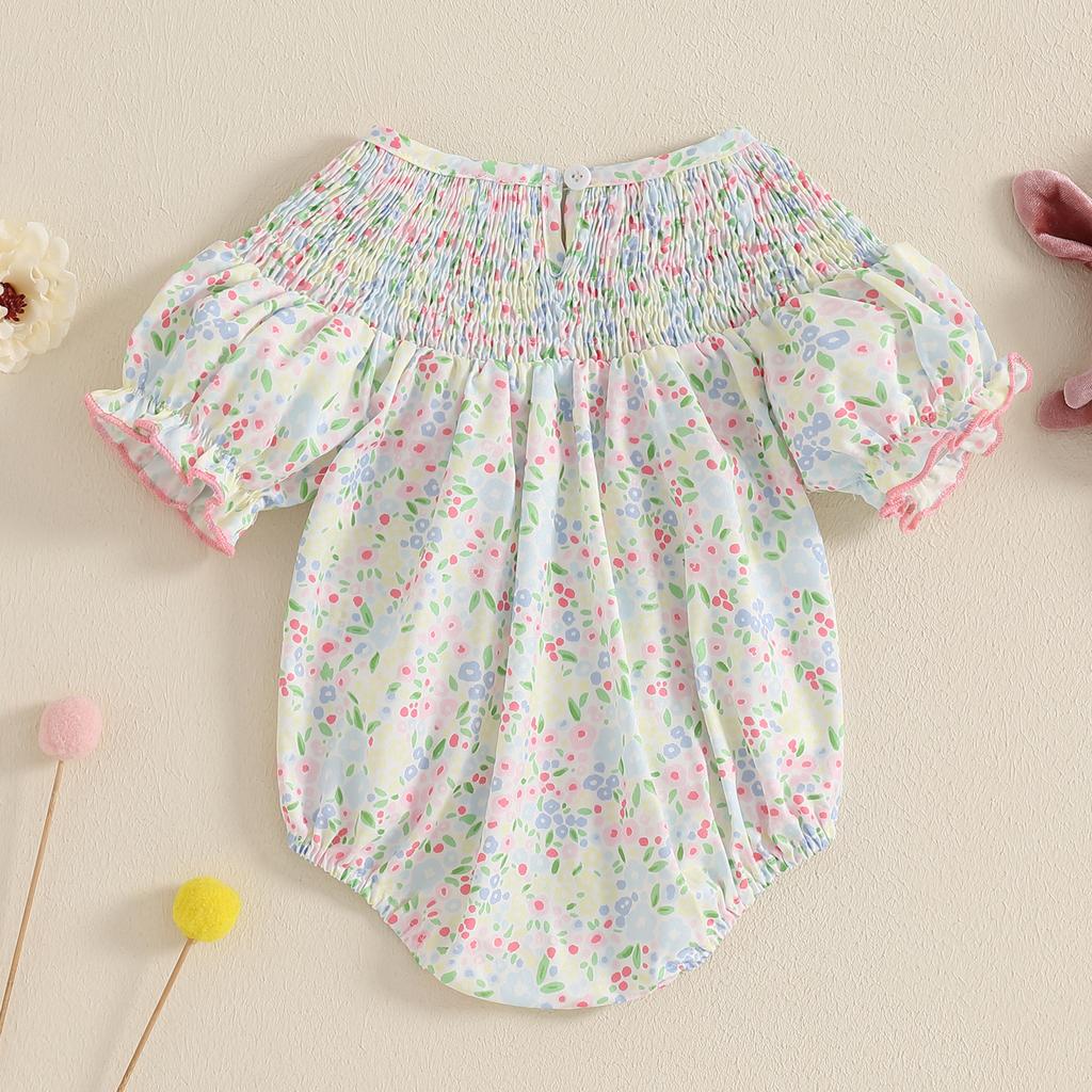 Детские комбинезоны для девочек Пасхальная одежда Вышитый кролик Цветочный принт Короткие рукава Летние боди Комбинезоны