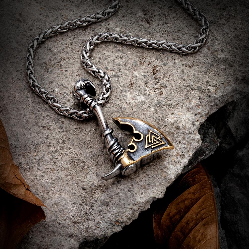 Punk Vikings Axe Gold Color Necklace Stainless Steel Thor's Hammer Triangle Pendant Norse Rune Vegvisir Amulet Male Jewelry Gift