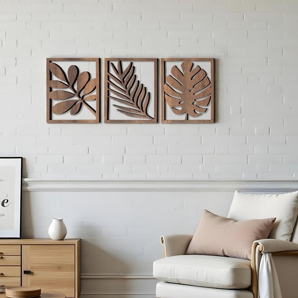 3Pcs Artistic Wooden Tropical Leaves Wall Sign Rustic Plant Wall Ornament Indoor Home Decor