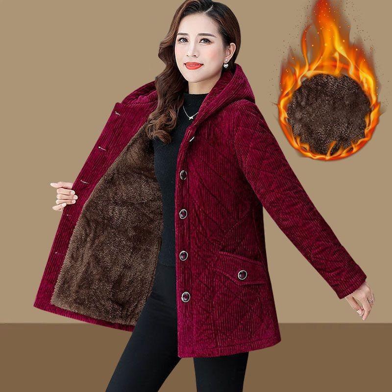Женская зимняя однотонная утолщенная теплая вельветовая куртка для мам среднего возраста с капюшоном и подкладкой, облегающие топы для темперамента