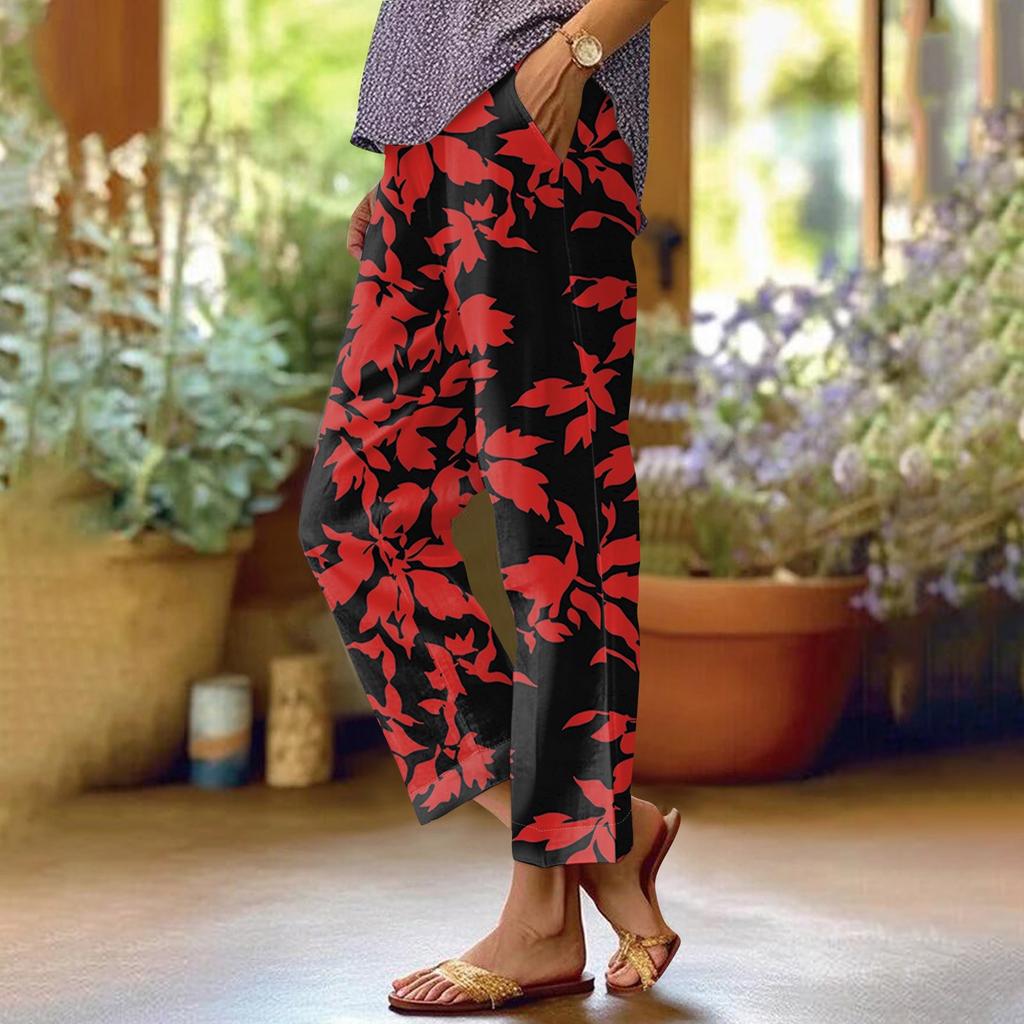 Women's Fashionable Floral Print Straight Leg Pocket Elastic Waist Casual Pants Pants
