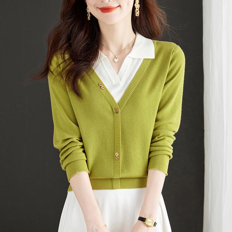 Поддельный свитер из двух частей с длинными рукавами, осенний наряд для мам, трикотажный свитер с воротником-поло, женский свитер с лацканами, базовая рубашка