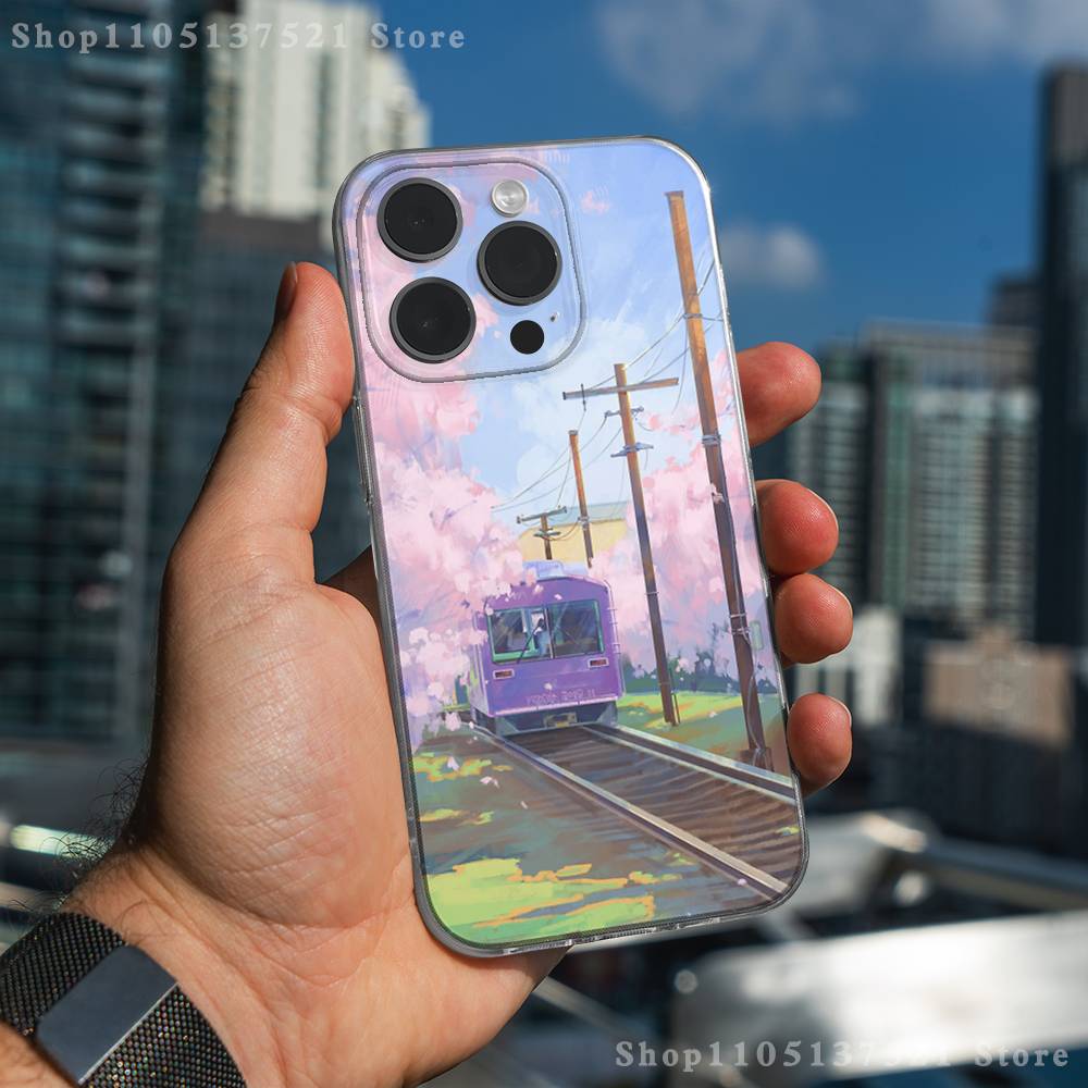 Cherry Art Blossom Train Phone Case For iPhone 17,16,15,14,13,12,11 Pro,Max,Plus,XR,Mini,E Clear Full-coverage Soft Cover