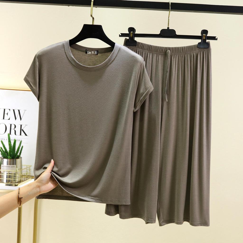 Женский повседневный комплект больших размеров из модала с коротким рукавом - Корейский стиль, брюки с широкими штанинами, двухпредметная домашняя одежда