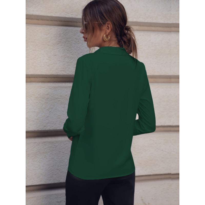 YYFS Women's Fashion Casual Spring Fall Solid Color Print Long Sleeve POLO Neck Blouses & Shirts