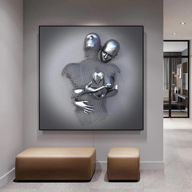 3D Visual Gold Silver Metal Figure Art Statue Canvas Painting Romantic Abstract Posters and Prints Wall Pictures Modern Home Decor for Living Room