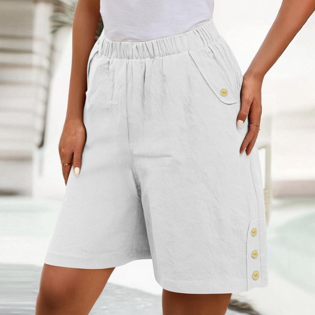 Шорты-бермуды для женщин, широкие льняные шорты длиной до колена, летние повседневные длинные шорты, свободные, с высокой талией, с карманами
