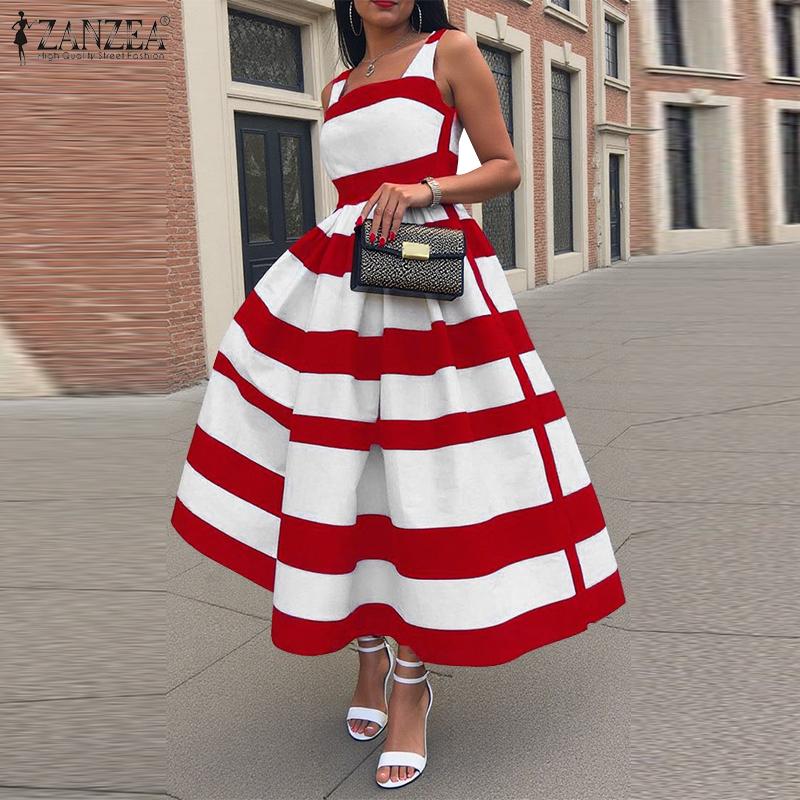 ZANZEA Женское летнее повседневное платье без рукавов в полоску с квадратным вырезом