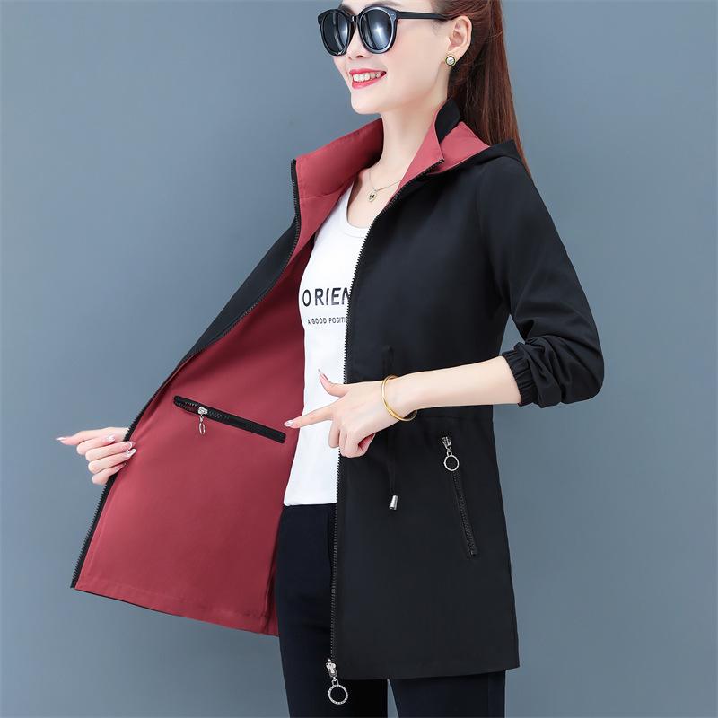 Women's Double-Sided Mid-Length Hooded Trench Coat with Detachable Elastic Waist and Zipper Pockets for Spring and Autumn