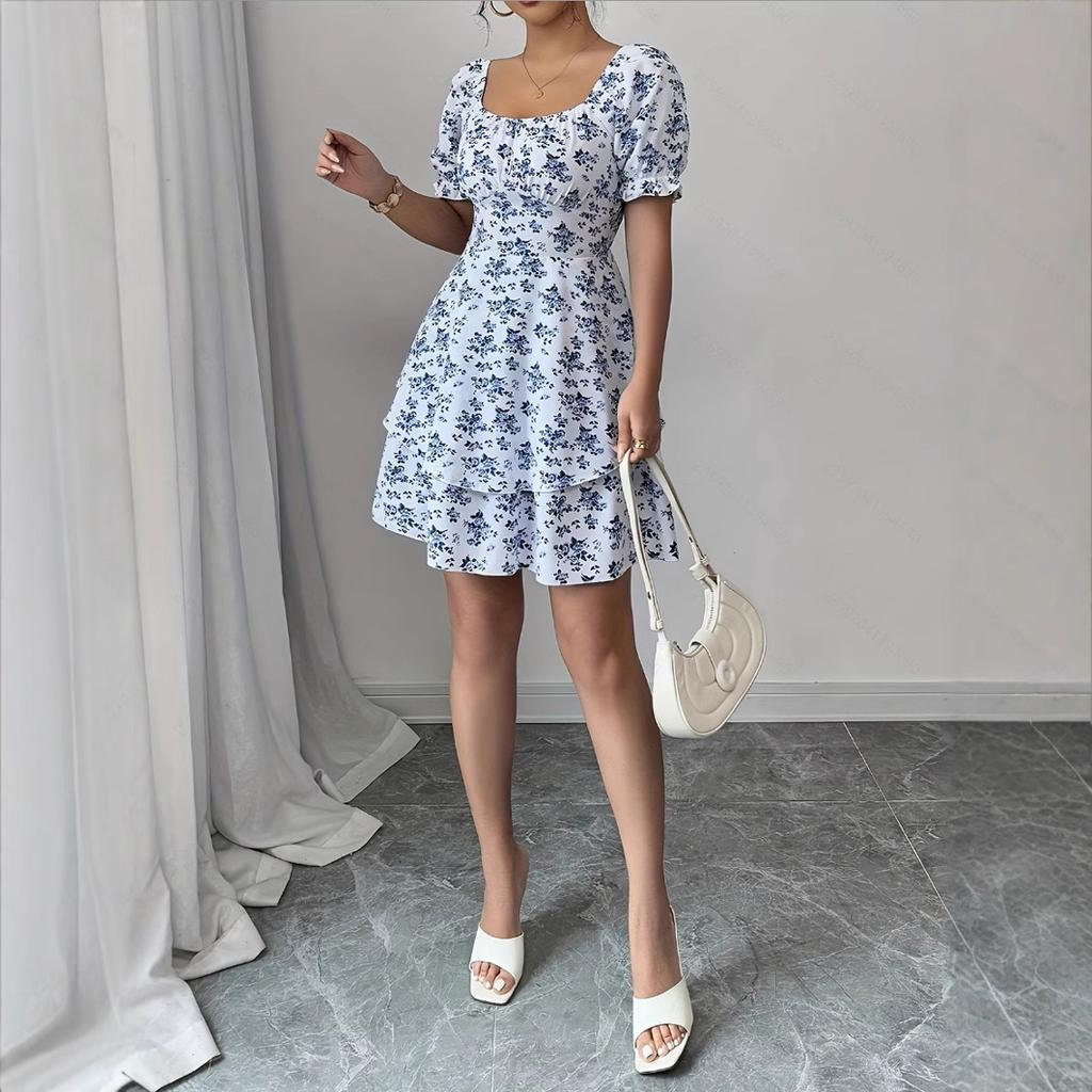 Синее цветочное платье женская одежда поставка sheintemu цветок рукав-буф кружево поставка