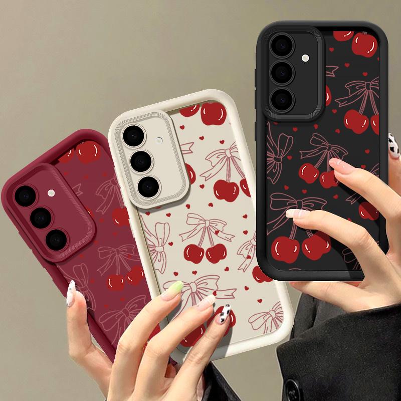 Cherry Pattern Matte Soft Case For Smausng S25 Plus S24 FE S23 Ultra A36 A56 A16 A26 A15 A55 A35 A06 Lens Protection Shockproof TPU Phone Cover