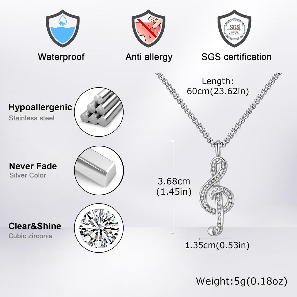 Vnox Stylish Music Symbol Necklace for Men Boys, Musical Note Pendant with Black/White Zircon Stainless Steel Box Chain Necklace