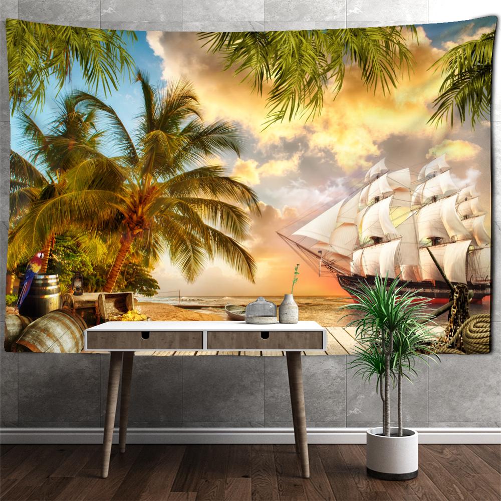 Закат Кокосовая Пальма Парусник Гобелен Настенный Бохо Эстетическая Комната Искусство Простой Декор Гостиной Общежития