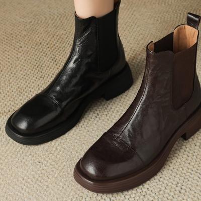 Британский стиль ретро овчина короткие ботинки женские осень и зима новые универсальные мягкая кожа толстый средний каблук ботинки челси ботинки мартин черные