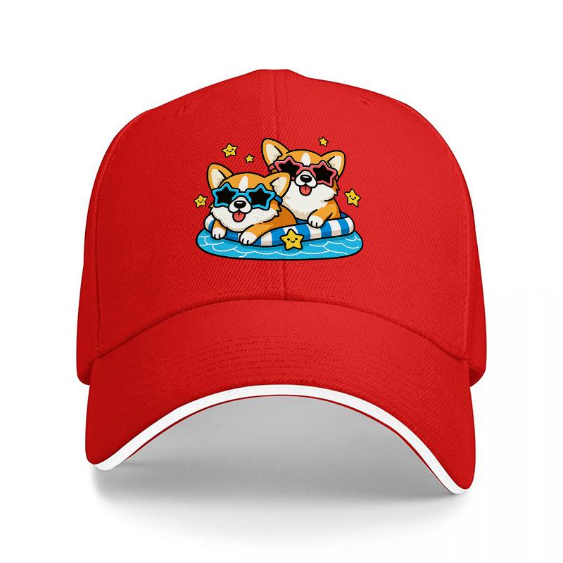 Corgi Dog Summer Pool Float Baseball Cap Cool Cartoon Pets Sunglasses Design Black Adjustable Hat for Adults
