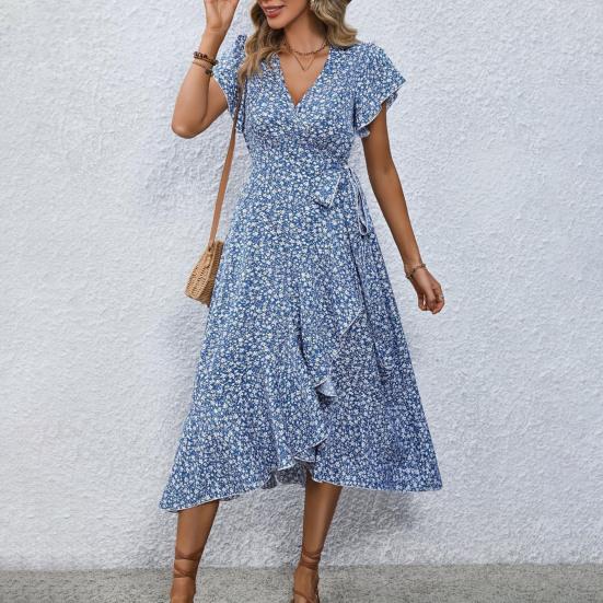 Летнее цветочное макси-платье для женщин с V-образным вырезом, коротким рукавом, оборкой, подолом, платье-халат в стиле бохо, повседневное, разрез, струящееся, длинное пляжное платье