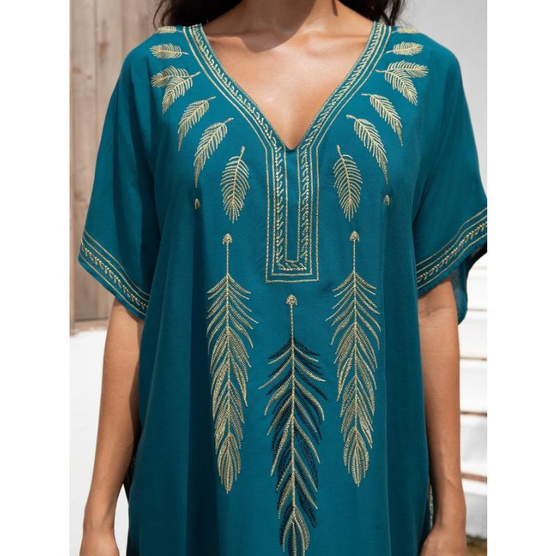 Женская мода лето весна перо принт рукава 1/2 V-образный вырез свободная талия повседневные платья