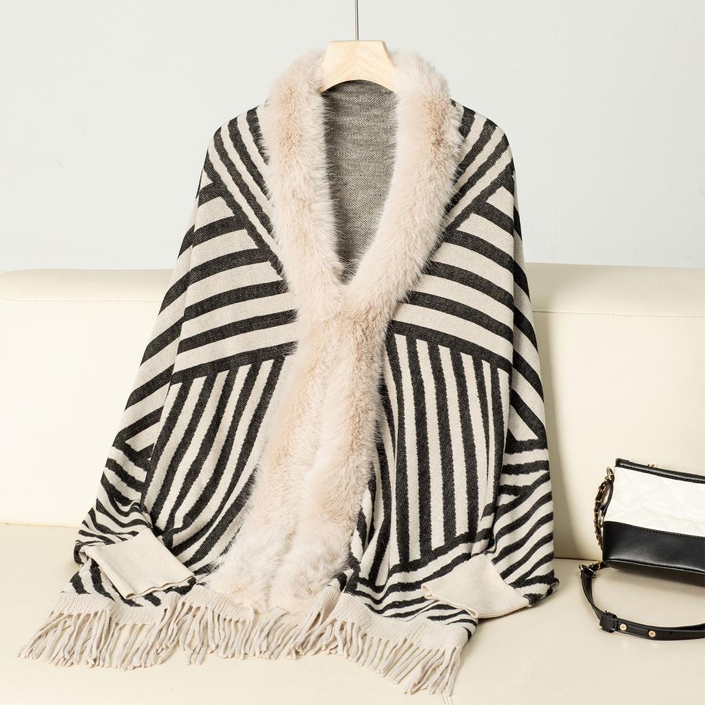 Women's Autumn and Winter Large-size Shawls Fashionable Striped Knitted Wool Collar Cardigan Loose Sweater Cape 5 Colors