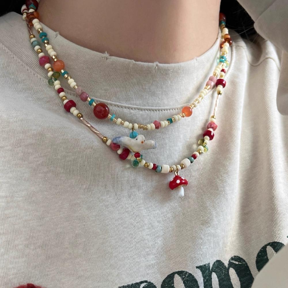 Ethnic Style Mushroom Collarbone Chain Beads String Pearl Clavicle Chain Summer
