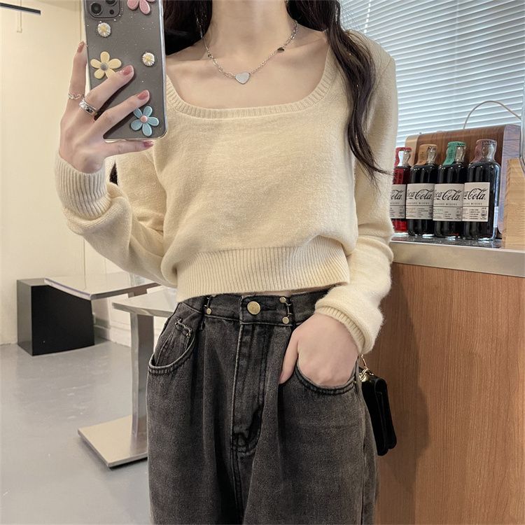 Square Collar Inner Long-Sleeved Knitted Sweater Women'S New Spring And Autumn Niche High-Waisted Short Bottoming Top Tide