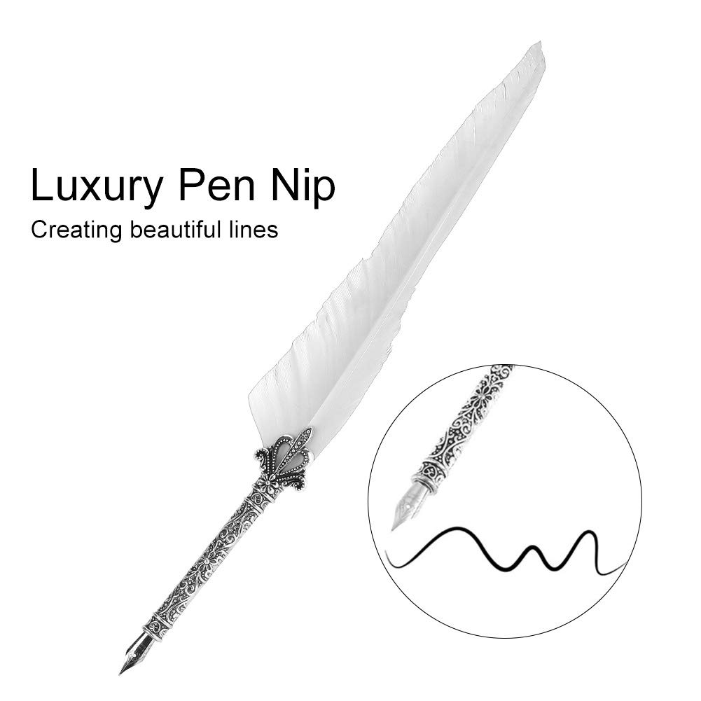 Feather Pen Mugast Fountain Pen Feather Pen Feather Decoration Retro Stylish Present Feather Pen Nib 5 Pieces + (White)