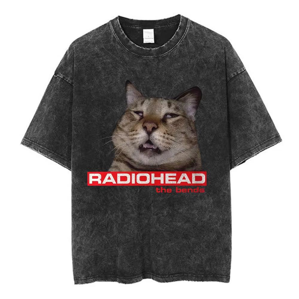 Rock Band Radiohead The Bend Забавная Кошка Винтажные Стираные Футболки Мужские Женские Мода Хип-Хоп Футболки Хлопок Мужская Футболка Уличная Одежда