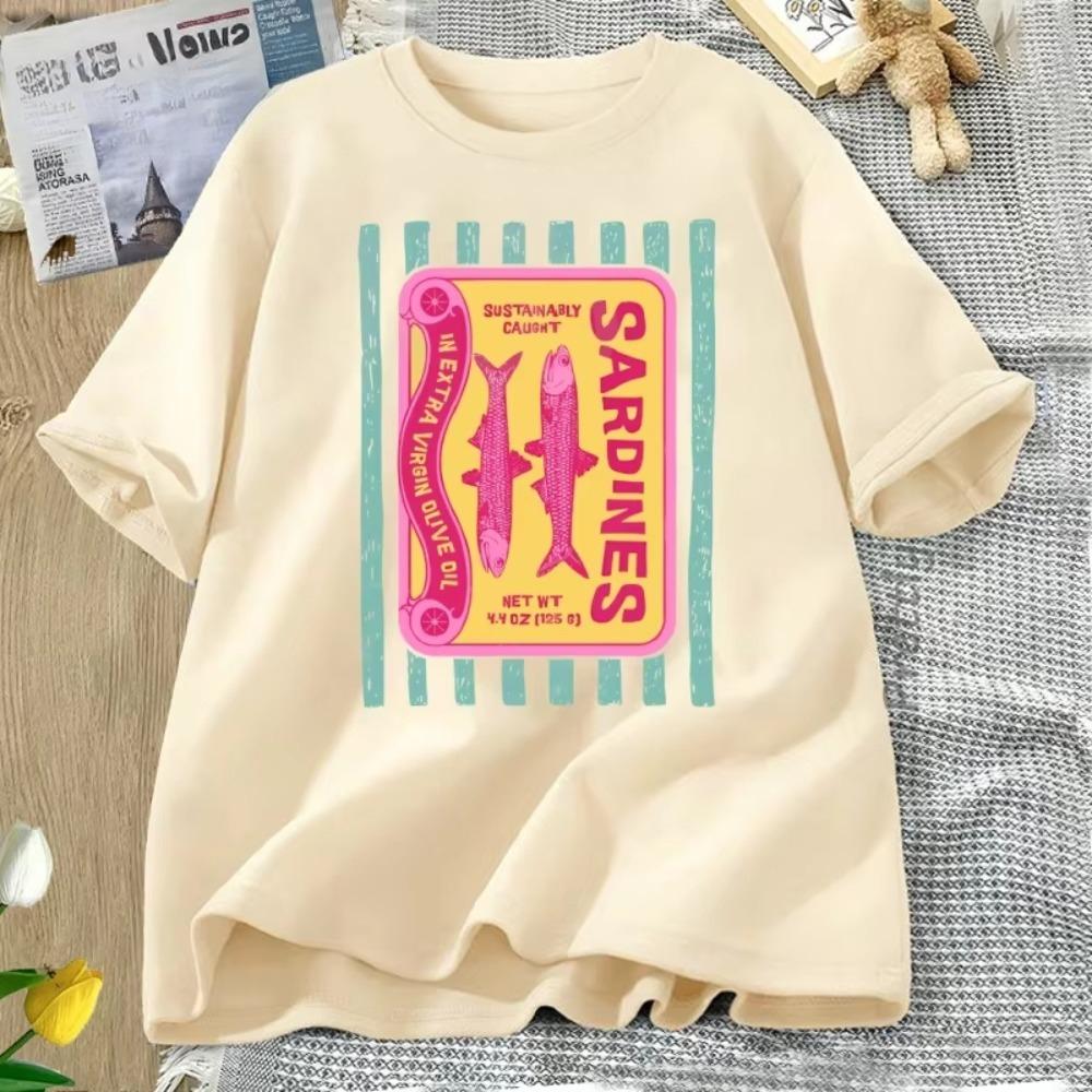 Графичная футболка с сардинами Ретро футболка для гурманов Футболка с принтом консервированной рыбы Летняя футболка в морском стиле Футболка рыбака Одежда для мужчин и женщин