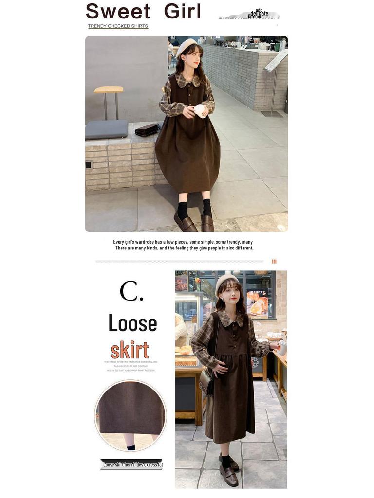 Spring & Autumn Plaid Two-Piece Maternity Dress