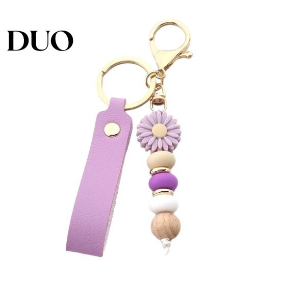Silicone Bead Wristlet Keychain Flower with Faux Leather Wristlet, Car Key Wood Ring Pendant, Handbag Backpack Charm Beads Decorative