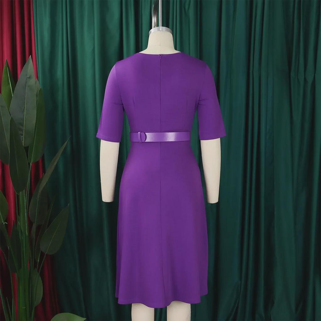 D533 Плюс Размер Женское Элегантное Однотонное Платье в Африканском Стиле с Рукавом 5-Точек - Мода Осень 2024