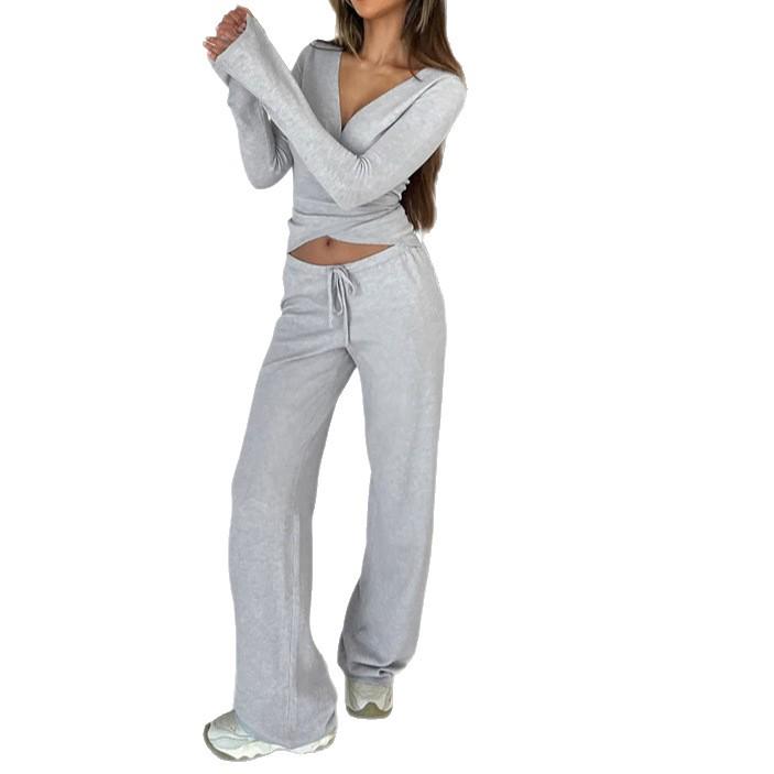 Комплект из флисового топа на шнуровке и брюк на кулиске с высокой посадкой - Повседневный однотонный