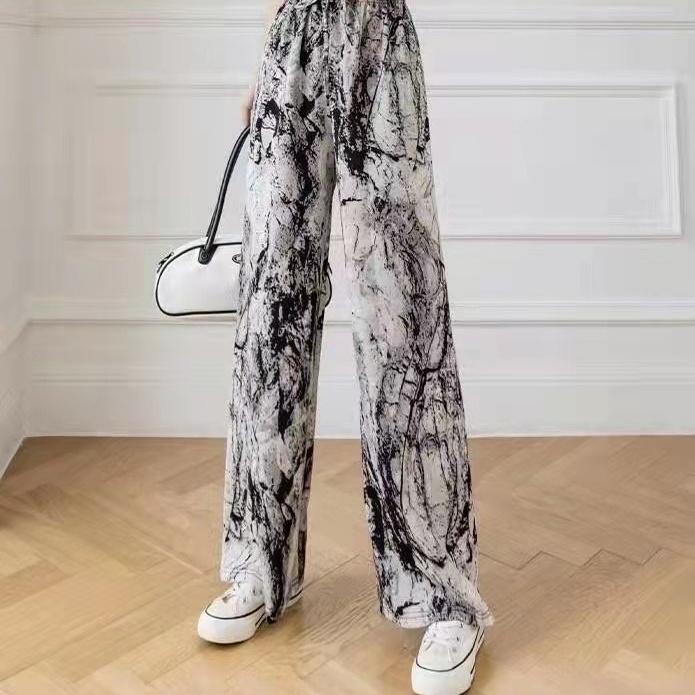 Ink Painting Tie Dye Pants Women's Summer Thin Ice Silk Ankle-Length Pants Straight Wide Leg Pants